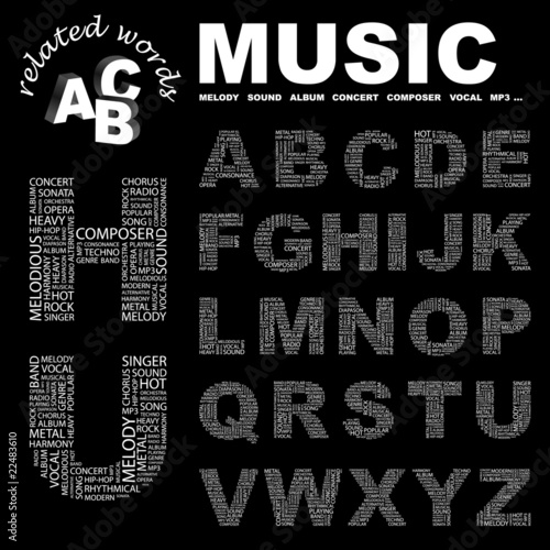 MUSIC. Alphabet. Illustration with different association terms.