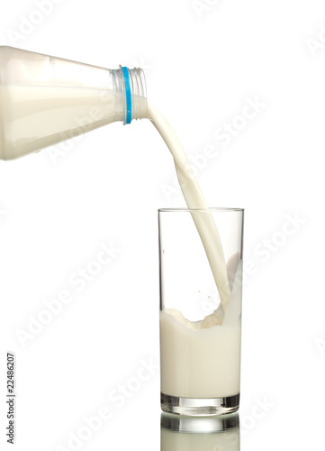 milk flowing from bottle to the glass