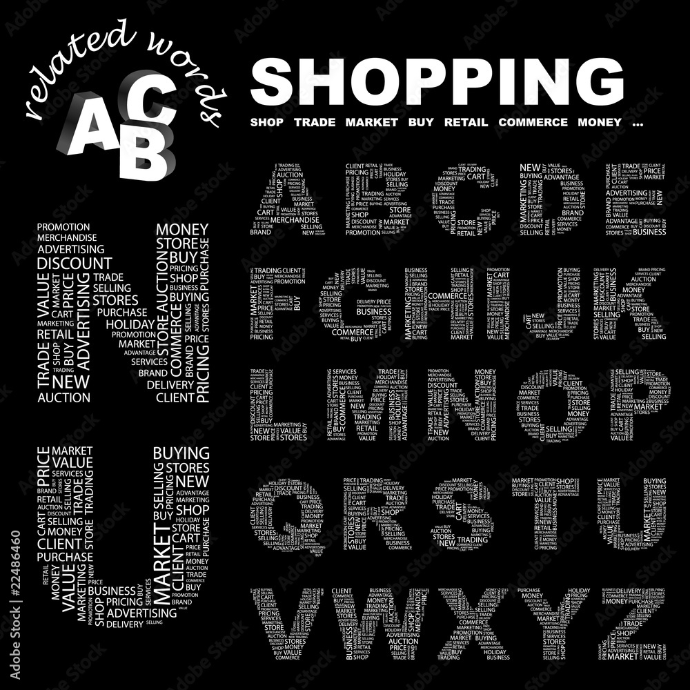 SHOPPING. Alphabet. Illustration with association terms. SHOPPING. Alphabet. Illustration with association terms.