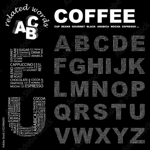 COFFEE. Alphabet. Illustration with different association terms.