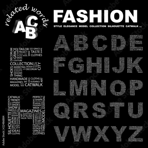 FASHION. Wordcloud alphabet with different association terms.