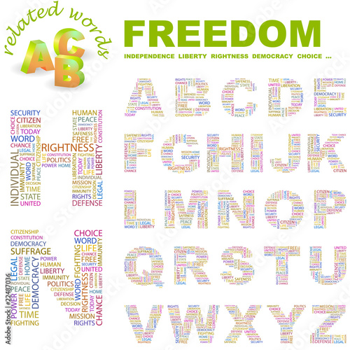 FREEDOM. Wordcloud alphabet with different association terms.