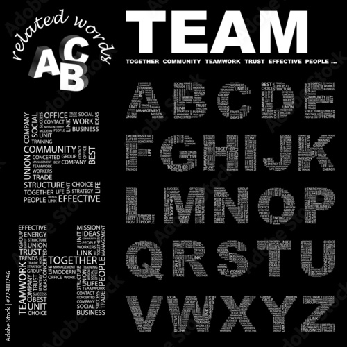 TEAM. Alphabet. Illustration with different association terms.