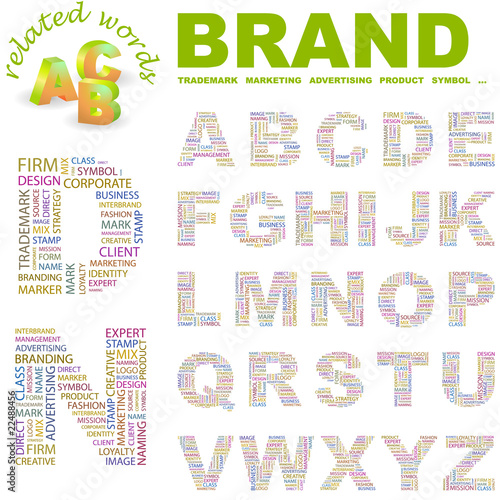 BRAND. Alphabet. Illustration with different association terms.