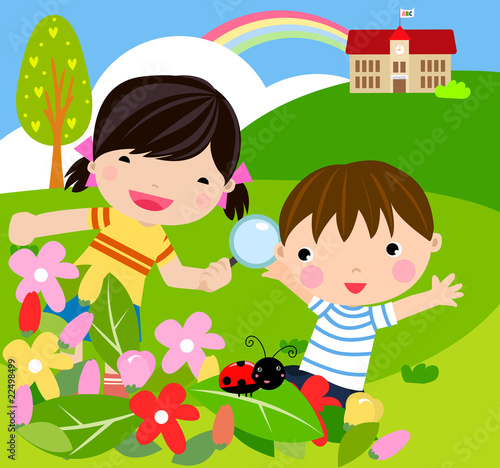boy and girl with magnifying glass with lady bugs over