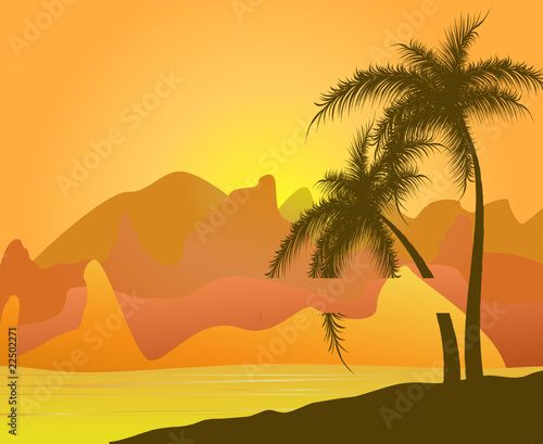 Two palm trees against mountains and sand. Vector illustration