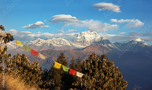 Annapurna mountains and Tibetan prayer flags