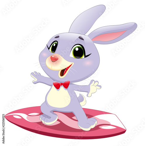Bunny rabbit with surf. Cartoon and vector sporty character