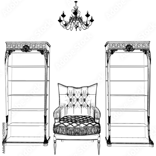 Interior Scene Antique Armchair Bookcase Chandelier Vector 01