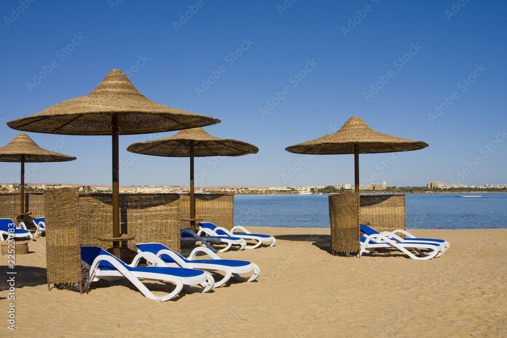 Beach umbrella on the shore of the Red Sea. Hurghada ,Egypt.