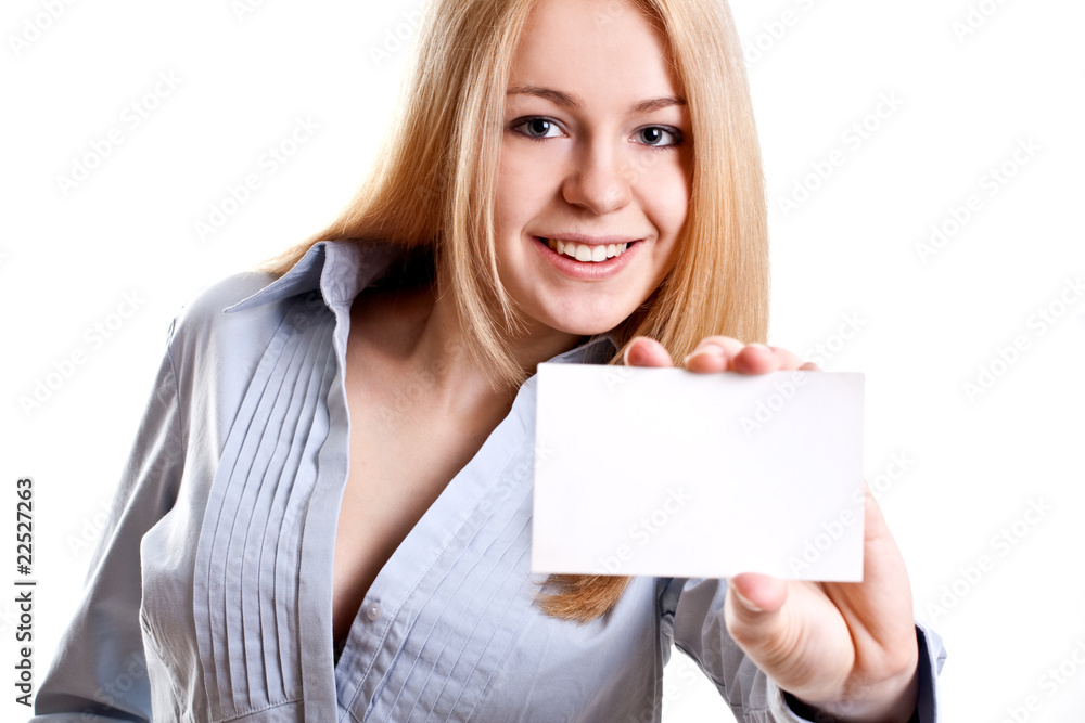 young business woman with business card young business woman with business card