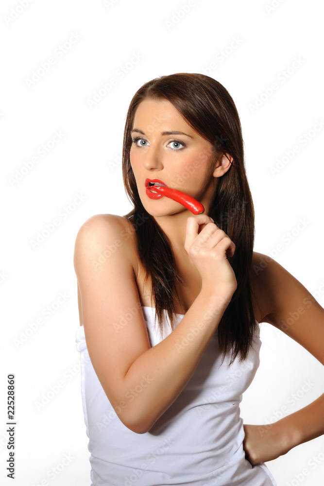 Beautiful sexy woman with red hot chilli pepper Beautiful sexy woman with red hot chilli pepper