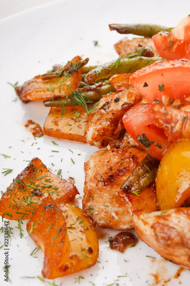 Chicken and roasted vegetable salad.