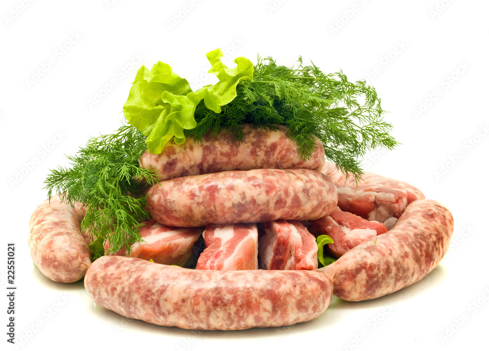 Meat, Sausages, salad and green dill Meat, Sausages, salad and green dill