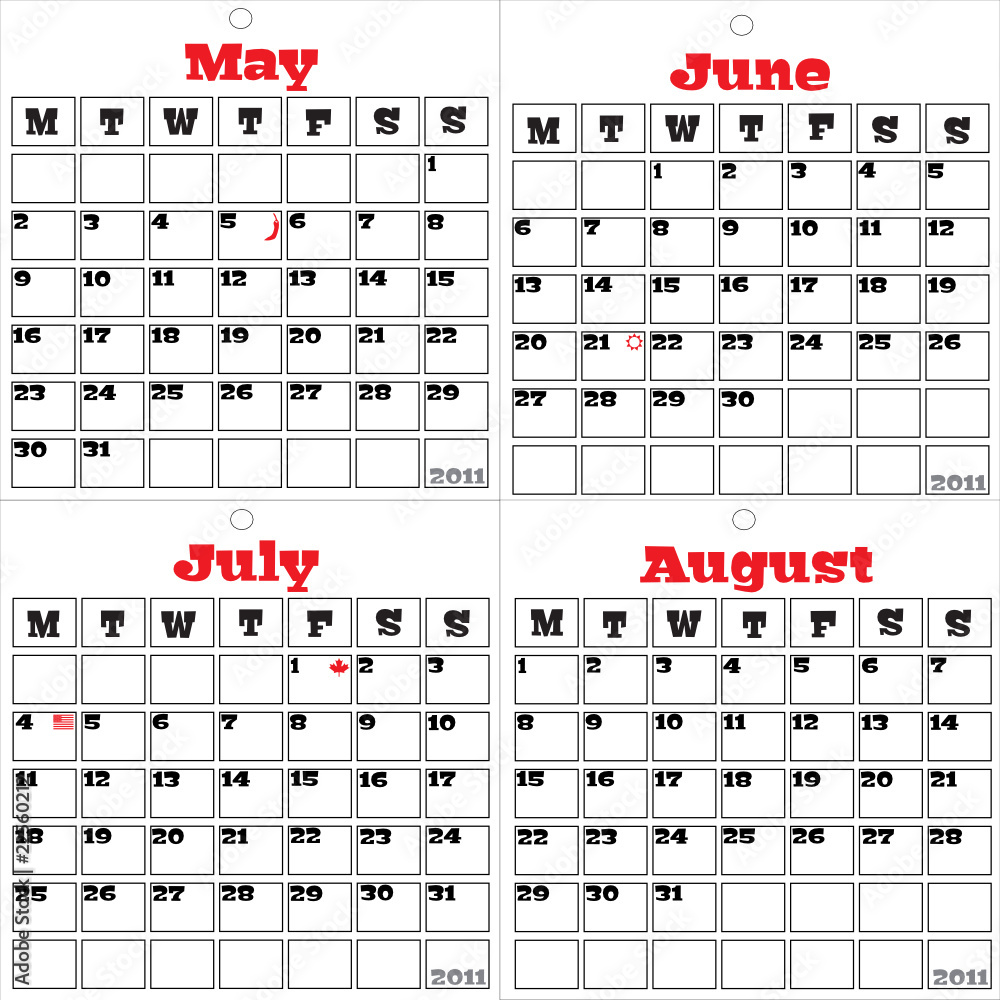 2011 calendar number 2 May to august Stock Vector | Adobe Stock