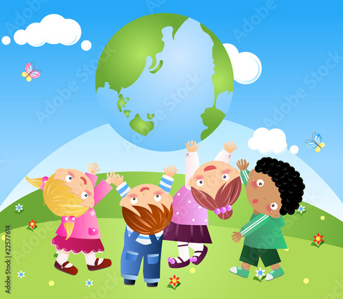 featuring kids holding up the Earth in their hands