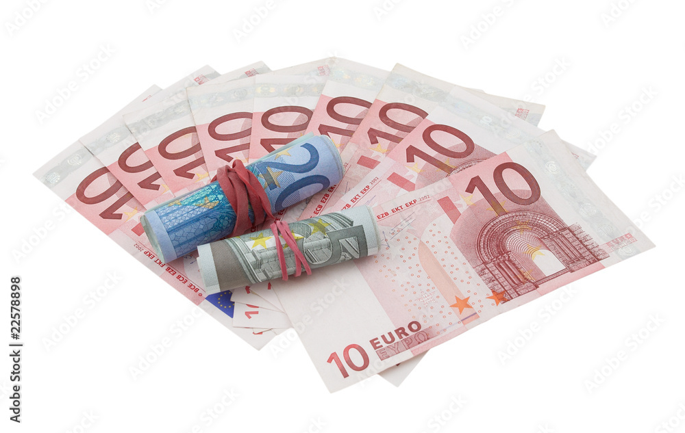 10 euro banknotes, 5 and 20 euro banknotes rolled