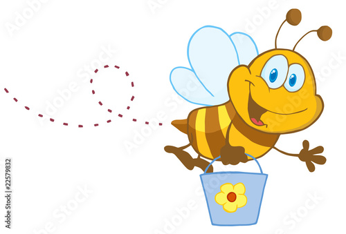 Happy Honey Bee Flying With A Bucket And Waving