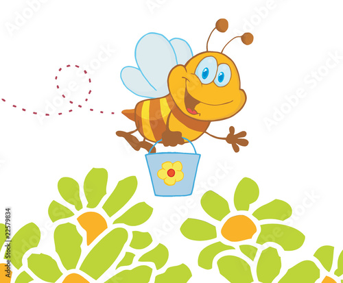 Happy Honey Bee Flying With A Bucket Over Flowers