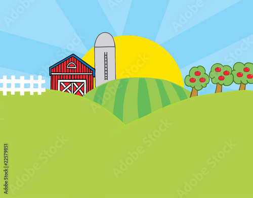 The Sun Rising Behind A Silo, Barn, Orchard,