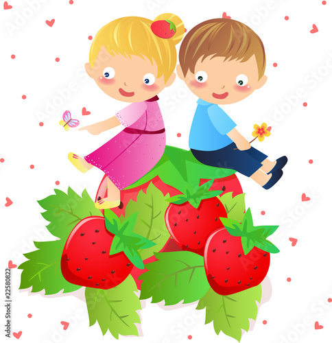 Cute girl and boy sit on the strawberry