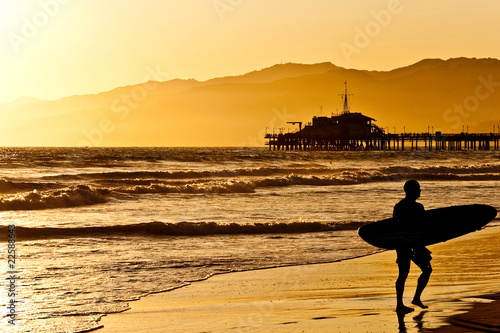 Photography Surfer on Santa Monica Beach at sunset