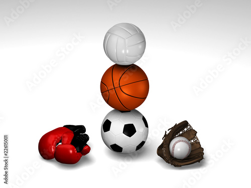 Soccer basket volley boxing gloves and baseball glove with ball