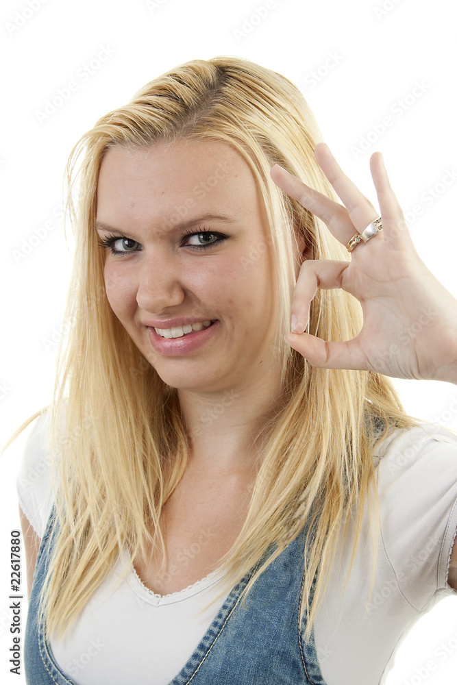 Woman is making ok sign over white background Woman is making ok sign over white background