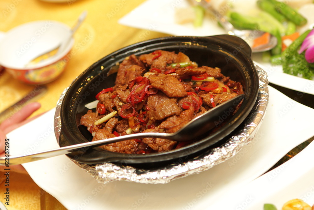 Roast meat with red pepper in china restaurant Beijing Roast meat with red pepper in china restaurant Beijing