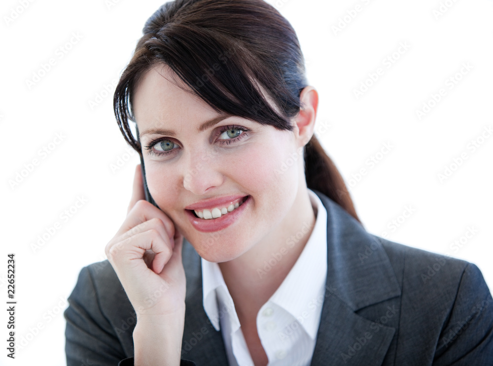 Portrait of a positive businesswoman talking on phone Portrait of a positive businesswoman talking on phone