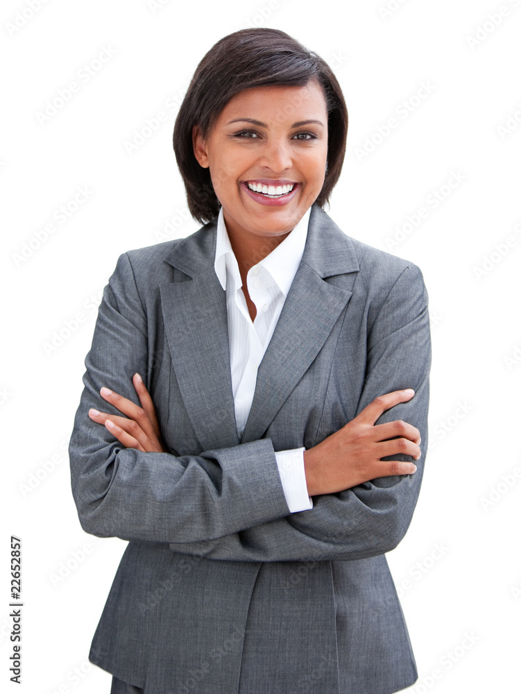 Positive businesswoman with folded arms standing Positive businesswoman with folded arms standing
