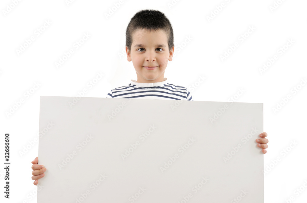 Cute boy holding empty board isolated on white Cute boy holding empty board isolated on white