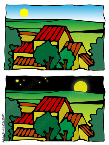 Comic farm scene vector illustration - day and night