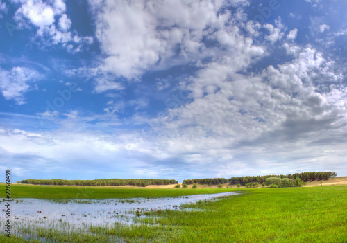 Billede på lærred Green meadow under blue sky