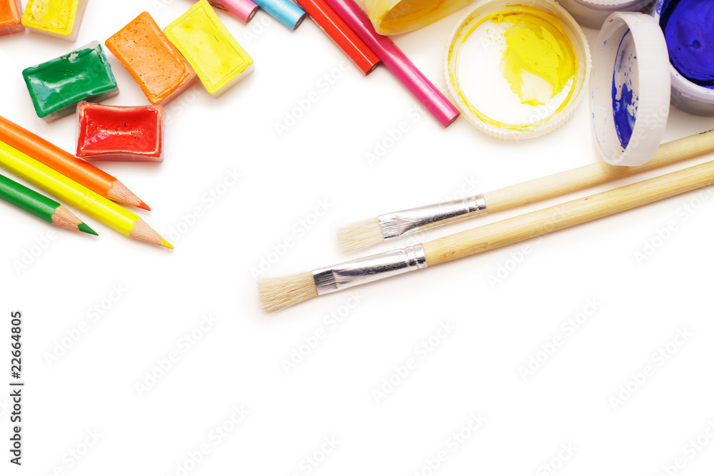 Fototapeta premium different artist's instruments over white background