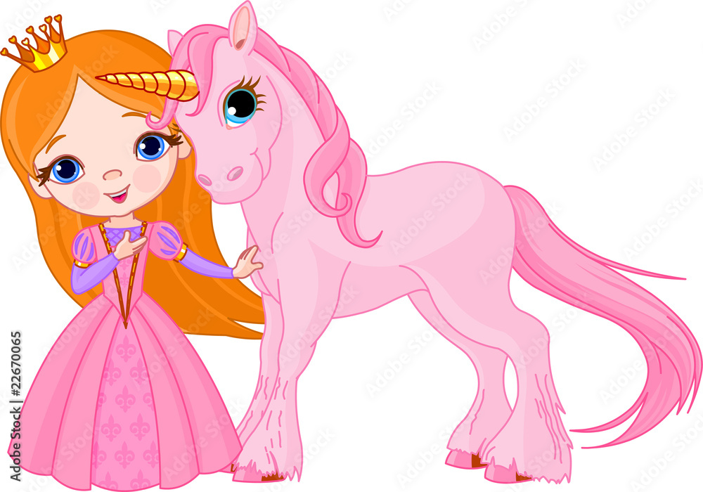 Fototapeten Pony Pony - Schöne Prinzessin und Einhorn #22670065