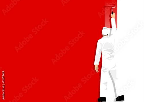 Painter rolling red paint on wall, concept of change, creativity, and innovation