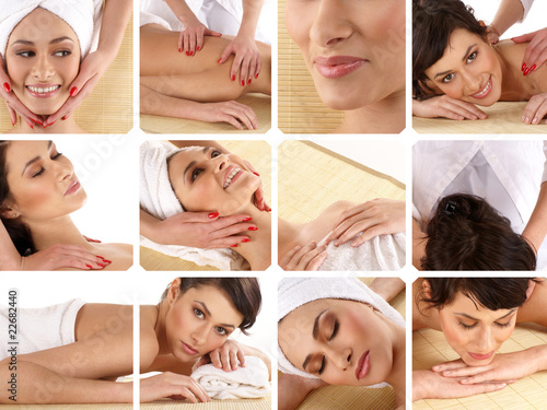 A collage of spa treatment images with attractive women