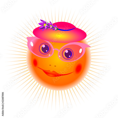 The smiling sun in pink glasses and a hat with a flower