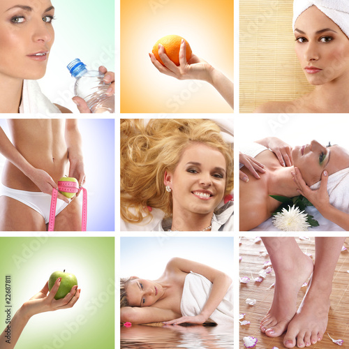 A collage of spa treatment images with fruits and women