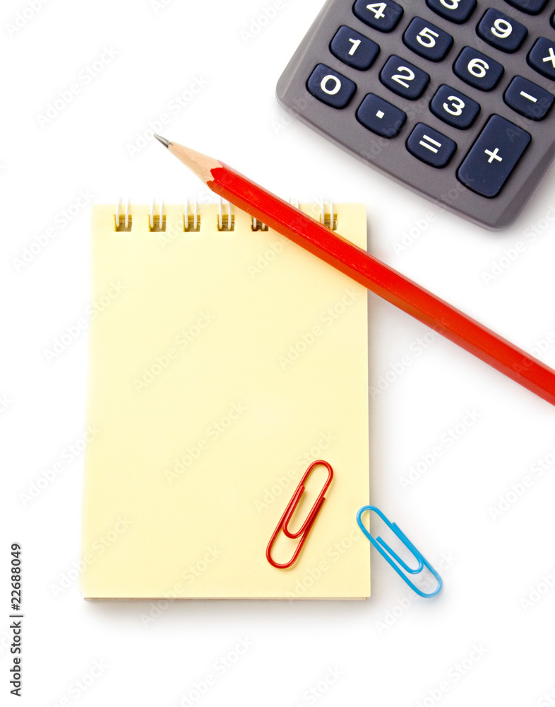Notebook, pencil and calculator on white background Notebook, pencil and calculator on white background