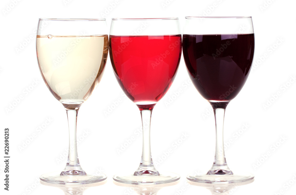 Red, rose and white wine in a wine glasses