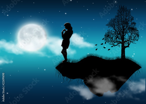 Tableau sur toile Girl on breakaway pensive looks at get fat moon