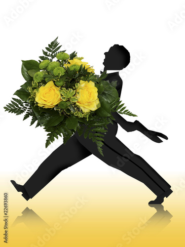 friendly flower delivery man with yellow roses photo