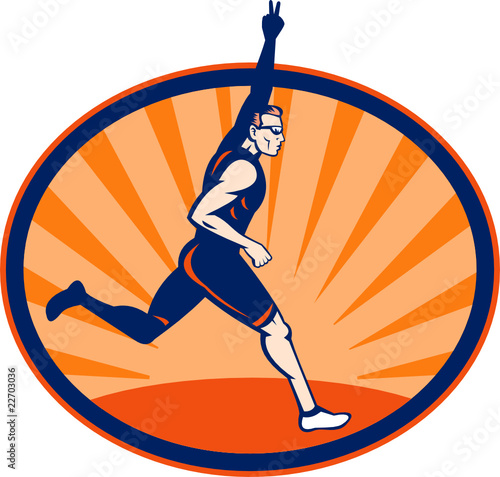 Triathlon runner waving victory sign