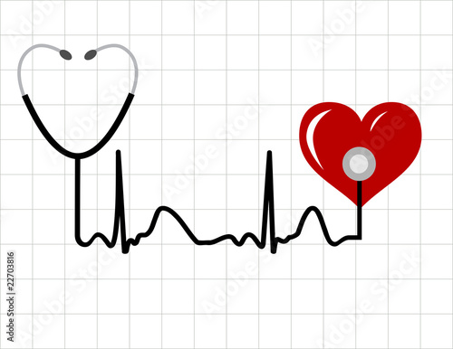 Heart and a medical stethoscope with heartbeat (pulse) symbol