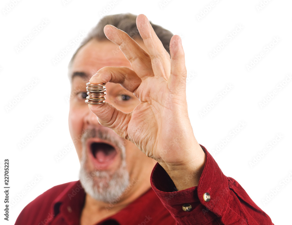 Fototapeta premium Man holds coins with hand, mouth open.