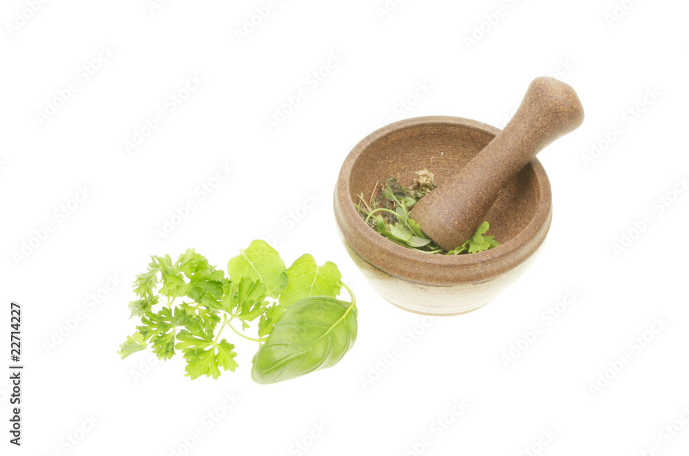 Fresh herbs and pestle and mortar
