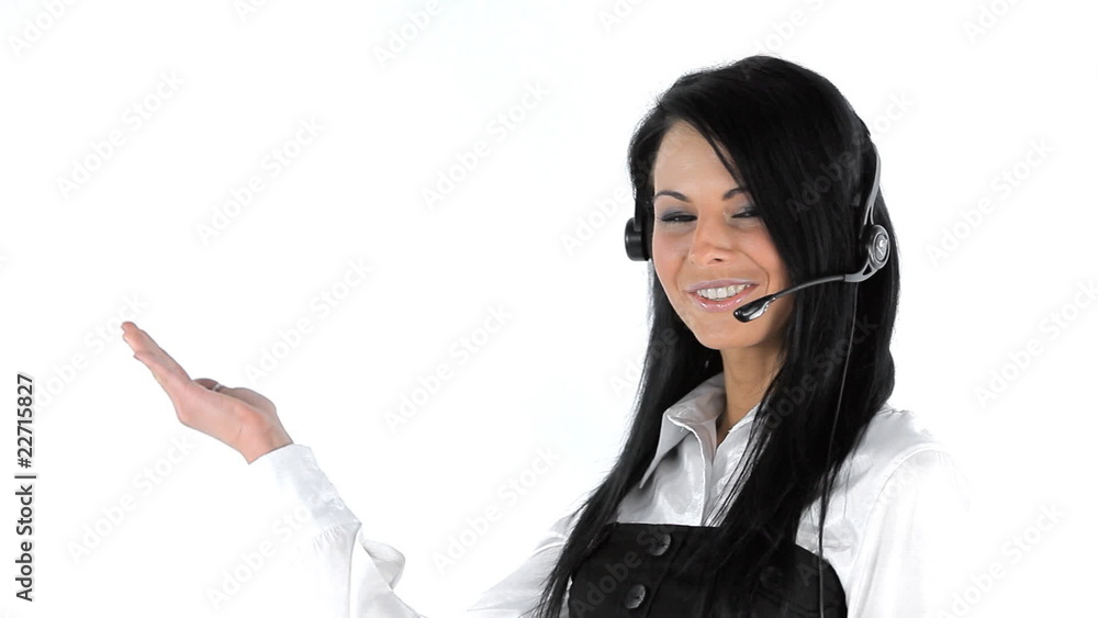 young woman with headphones says, and advertises the product young woman with headphones says, and advertises the product