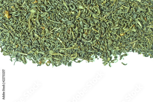 Scattering of green tea isolated on white